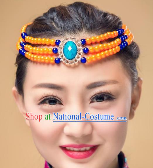 Chinese Traditional Mongol Stage Performance Hair Accessories, Mongolian Minority Folk Dance Orange Beads Headwear for Women