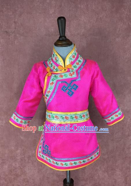 Chinese Traditional Ethnic Costume Children Rosy Mongolian Robe, China Mongolian Minority Folk Dance Clothing for Kids