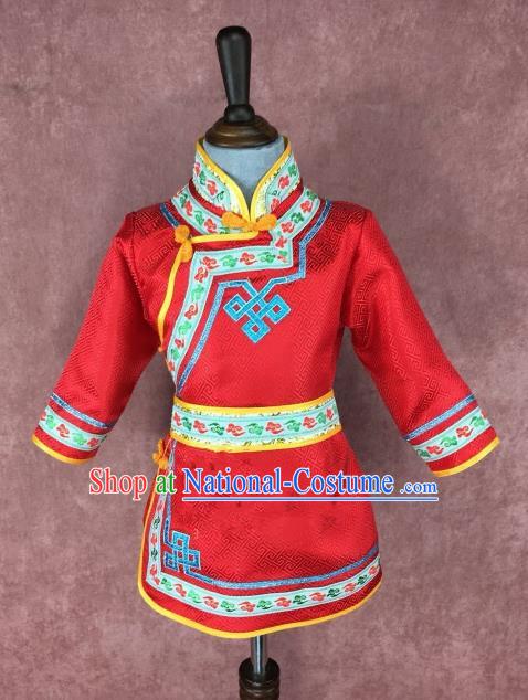 Chinese Traditional Ethnic Costume Children Red Mongolian Robe, China Mongolian Minority Folk Dance Clothing for Kids