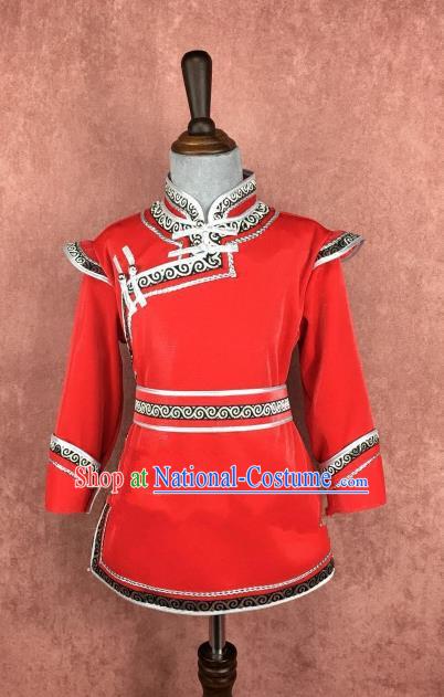 Chinese Traditional Girls Ethnic Costume Red Mongolian Robe, China Mongolian Minority Folk Dance Clothing for Kids