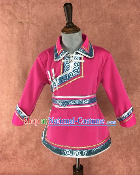 Chinese Traditional Children Ethnic Costume Rosy Mongolian Robe, China Mongolian Minority Folk Dance Clothing for Kids