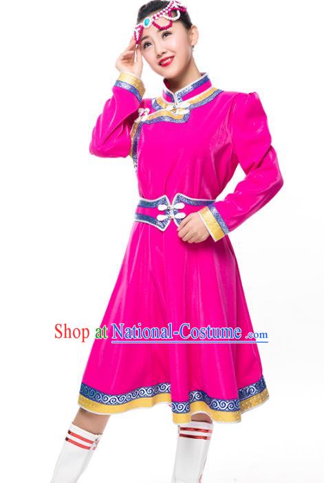 Chinese Traditional Female Ethnic Costume Rosy Mongolian Robe, China Mongolian Minority Folk Dance Clothing for Women