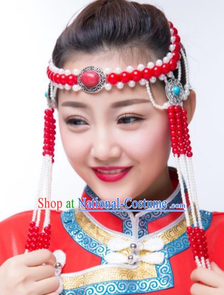 Traditional Chinese Folk Dance Red Beads Tassel Hair Accessories, Mongolian Minority Hair Jewelry Dance Headwear for Women