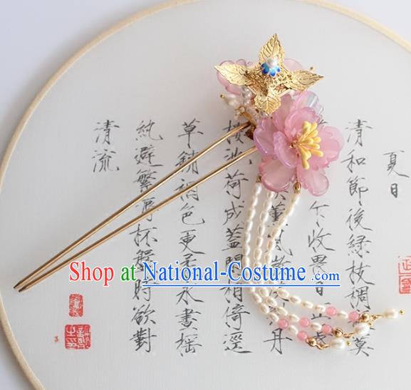 Chinese Ancient Handmade Palace Pink Flower Hair Clip Hair Accessories Hanfu Hairpins for Women