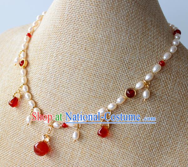 Chinese Ancient Handmade Red Agate Necklace Accessories Hanfu Pearls Necklet for Women