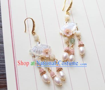 Chinese Ancient Handmade Shell Pearls Earrings Accessories Hanfu Eardrop for Women