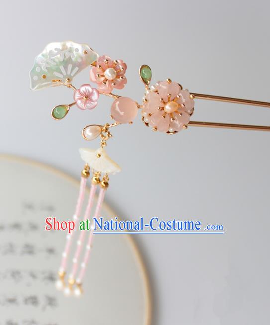 Chinese Ancient Handmade Shell Fan Hair Clip Hair Accessories Hanfu Tassel Hairpins for Women