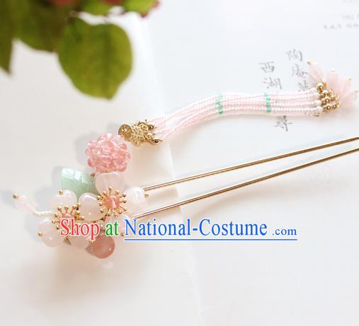 Chinese Ancient Handmade Palace Pink Beads Tassel Hair Clip Hair Accessories Hanfu Hairpins for Women