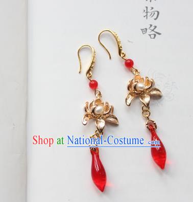 Chinese Ancient Handmade Hanfu Brass Lotus Earrings Accessories Eardrop for Women