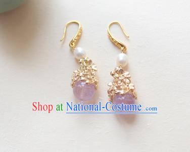 Chinese Ancient Handmade Hanfu Purple Crystal Earrings Accessories Eardrop for Women