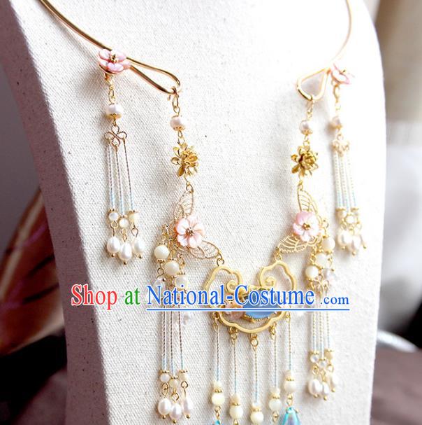 Chinese Ancient Handmade Hanfu Accessories Pearls Tassel Necklace Conophytum Pucillum for Women