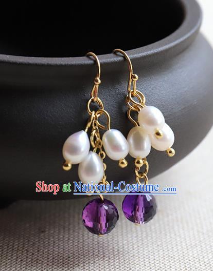 Chinese Ancient Handmade Classical Pearls Earrings Accessories Hanfu Purple Bead Eardrop for Women