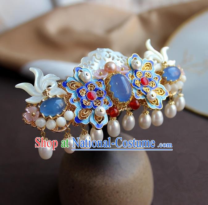 Chinese Ancient Handmade Pearls Tassel Hair Coronet Classical Hair Accessories Hanfu Blueing Hairpins for Women