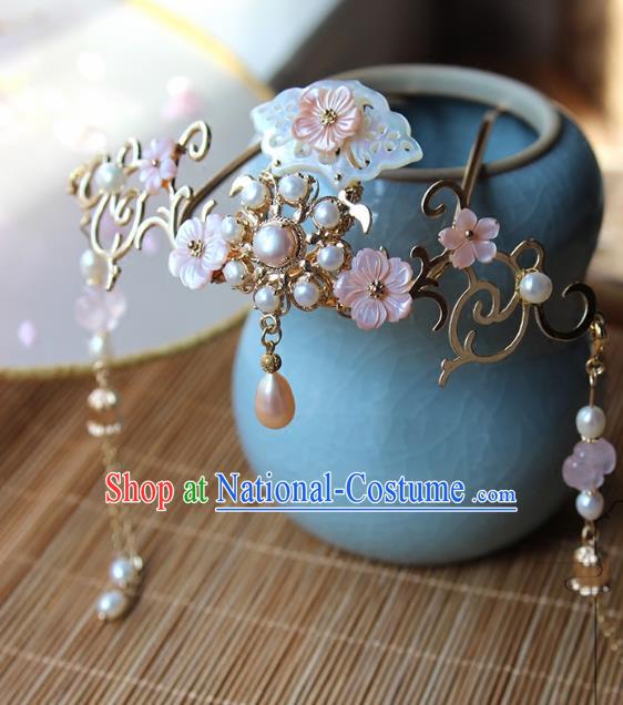 Chinese Ancient Handmade Tassel Step Shake Classical Hair Accessories Hanfu Shell Pearls Hairpins for Women