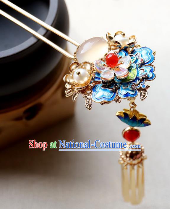 Chinese Ancient Handmade Bride Hair Clip Classical Hair Accessories Hanfu Blueing Flowers Hairpins for Women