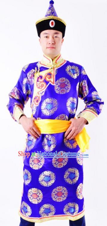 Chinese Mongol Nationality Costume Royalblue Mongolian Robe Traditional Mongolian Minority Folk Dance Clothing for Men