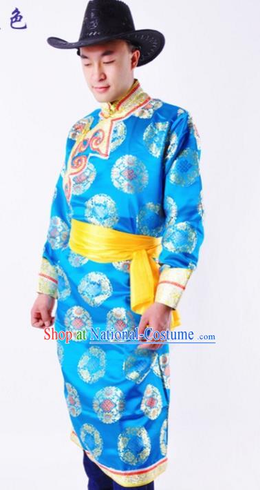 Chinese Mongol Nationality Costume Blue Mongolian Robe Traditional Mongolian Minority Folk Dance Clothing for Men