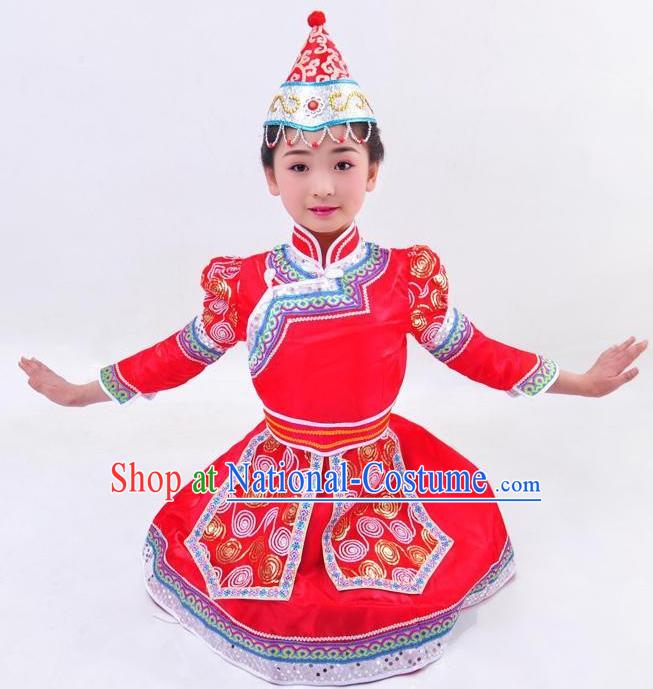 Chinese Mongol Nationality Costume Red Mongolian Robe Traditional Mongolian Minority Dress for Kids