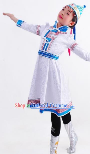 Chinese Mongol Nationality Costume Traditional Mongolian Minority White Dress for Kids