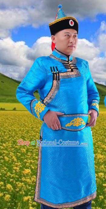 Chinese Mongol Nationality Costume Blue Mongolian Robe Traditional Mongolian Minority Folk Dance Clothing for Men