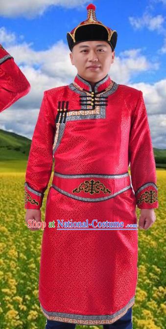 Chinese Mongol Nationality Costume Red Mongolian Robe Traditional Mongolian Minority Folk Dance Clothing for Men