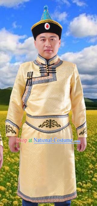 Chinese Mongol Nationality Costume Golden Mongolian Robe Traditional Mongolian Minority Folk Dance Clothing for Men