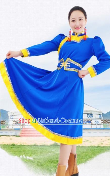 Chinese Mongol Nationality Blue Costume Traditional Mongolian Minority Dress for Women