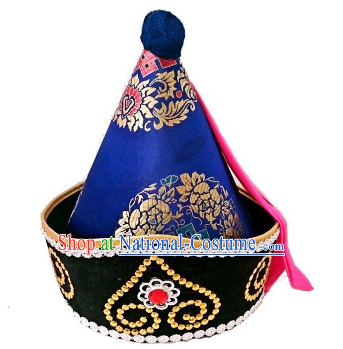 Chinese Handmade Mongol Nationality Wedding Hats Hair Accessories Mongolian Royalblue Hats for Men