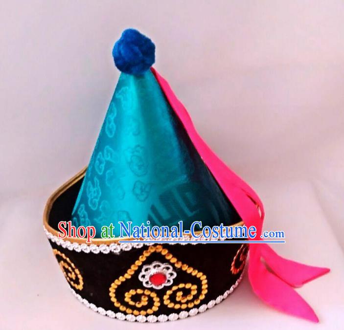 Chinese Handmade Mongol Nationality Wedding Hats Hair Accessories Mongolian Blue Hats for Men