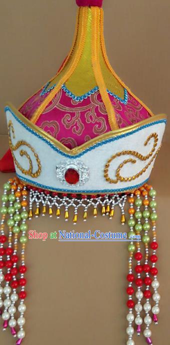 Chinese Handmade Mongol Nationality Wedding Hats Hair Accessories Mongolian Princess Pink Hats for Women