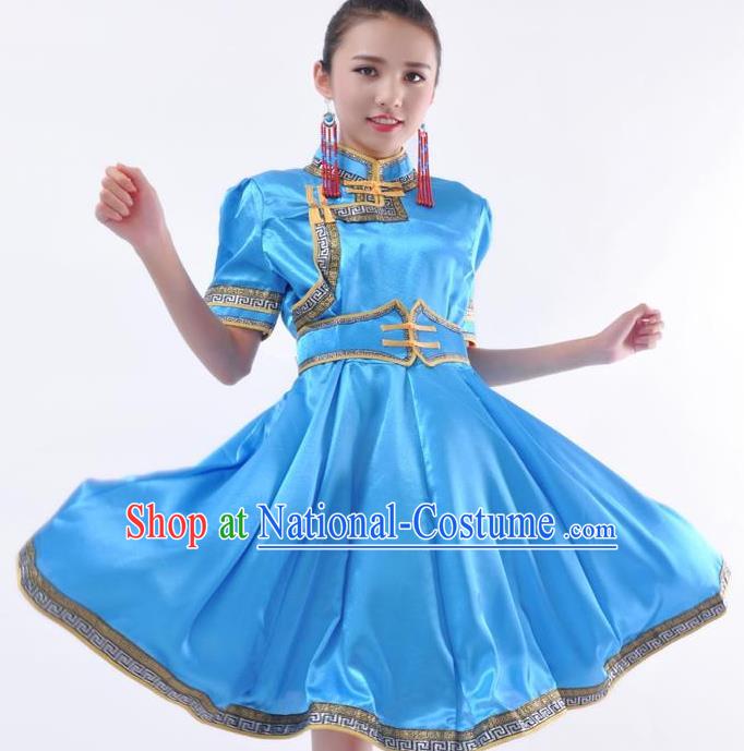 Chinese Mongol Nationality Costume Blue Dress Traditional Mongolian Minority Clothing for Women