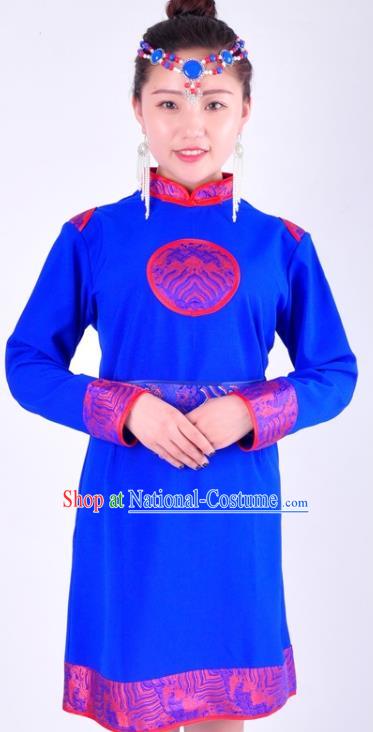 Chinese Mongol Nationality Costume Traditional Mongolian Minority Blue Dress for Women