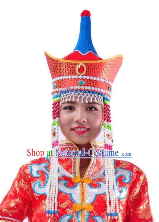 Chinese Handmade Mongol Nationality Wedding Red Hats Mongolian Bride Hats for Women