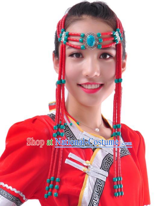 Chinese Handmade Mongol Nationality Hair Accessories Mongolian Red Beads Tassel Hair Clasp for Women