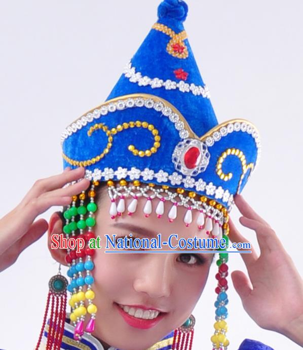 Chinese Handmade Mongol Nationality Wedding Blue Hats Mongolian Bride Hats for Women