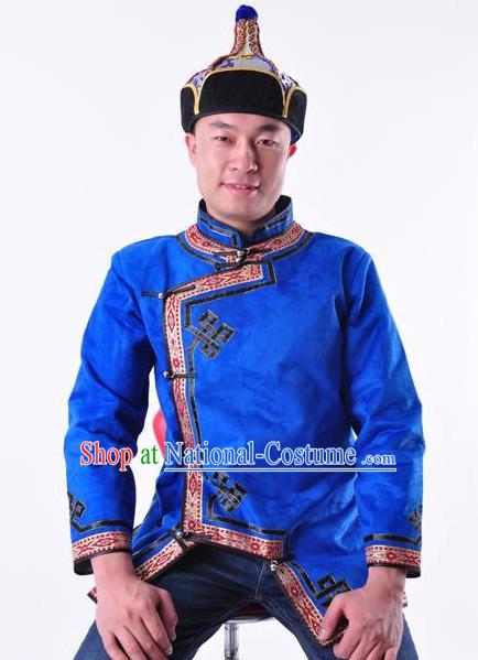 Chinese Mongol Nationality Costume Traditional Mongolian Minority Folk Dance Blue Coat for Men