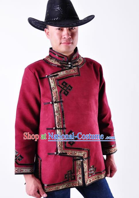 Chinese Mongol Nationality Costume Traditional Mongolian Minority Folk Dance Purplish Red Coat for Men