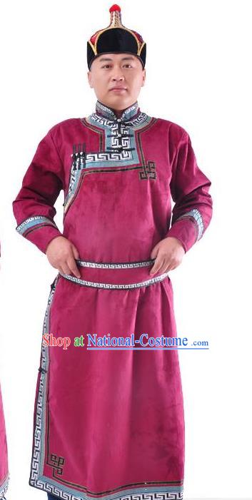 Chinese Mongol Nationality Costume Traditional Mongolian Minority Folk Dance Wine Red Mongolian Robe for Men