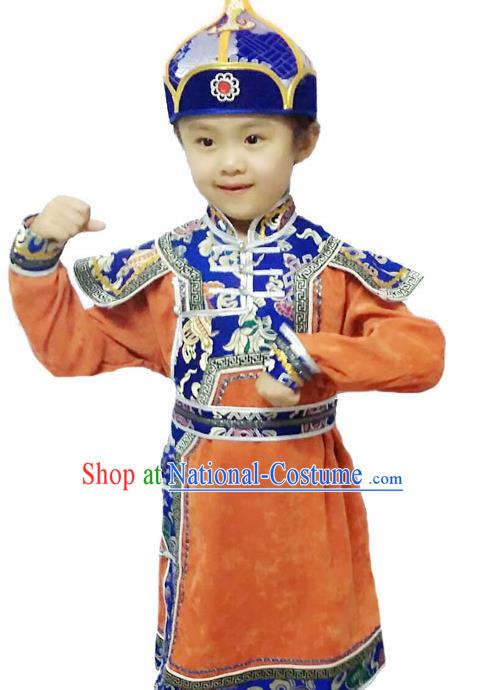 Chinese Mongol Nationality Costume Traditional Mongolian Minority Folk Dance Orange Mongolian Robe for Kids