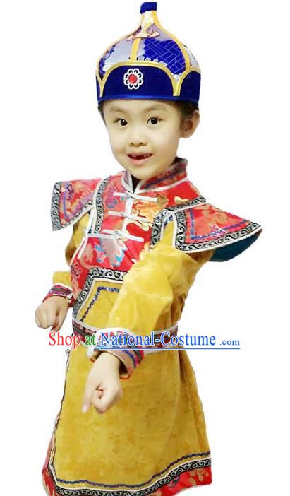 Chinese Mongol Nationality Costume Traditional Mongolian Minority Folk Dance Yellow Mongolian Robe for Kids