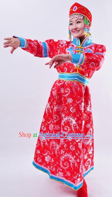 Chinese Mongol Nationality Wedding Costume Red Mongolian Robe Traditional Mongolian Minority Clothing for Women