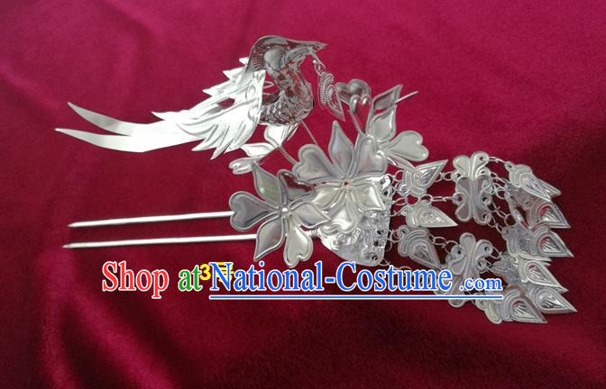 Chinese Traditional Miao Nationality Hair Accessories, Hmong Sliver Tassel Bird Hairpins Headwear for Women