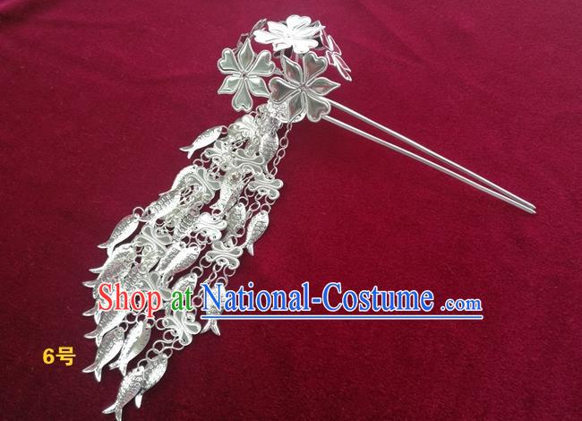 Chinese Traditional Miao Nationality Hair Accessories, Hmong Sliver Fishes Tassel Flowers Hairpins Headwear for Women