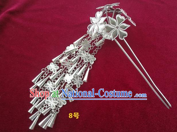 Chinese Traditional Miao Nationality Hair Accessories, Hmong Sliver Bells Tassel Flowers Hairpins Headwear for Women