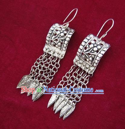 Chinese Handmade Miao Nationality Accessories Hmong Long Tassel Sliver Earrings for Women