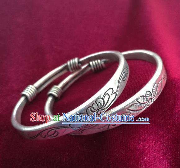 Chinese Miao Nationality Silver Ornaments Traditional Hmong Carving Bracelets Accessories for Women