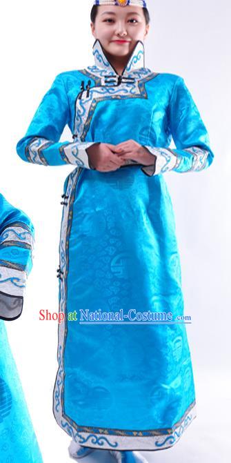 Chinese Mongol Nationality Folk Dance Costume Traditional Blue Mongolian Robe for Women