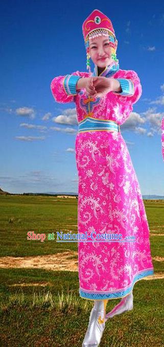 Chinese Mongol Nationality Folk Dance Costume Traditional Rosy Mongolian Robe for Women