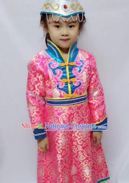 Chinese Mongol Nationality Costume Pink Mongolian Robe Traditional Mongolian Minority Clothing for Kids