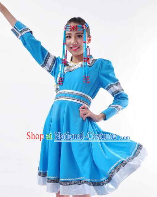 Chinese Mongol Nationality Folk Dance Costume Traditional Minority Blue Mongolian Dress for Women